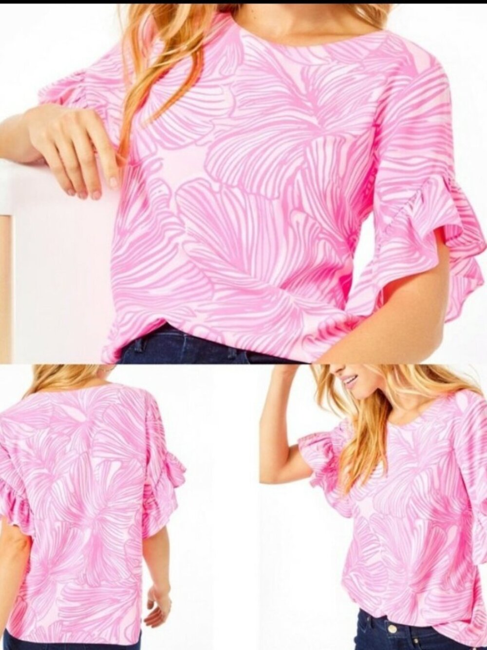 Lilly Pulitzer Pink Darlah Floral Ruffle-Sleeve Top Blouse Relaxed Fit XS